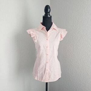 Button Down Flutter Sleeveless Eyelet Trim Collared Tailored Blouse Blush Pink S